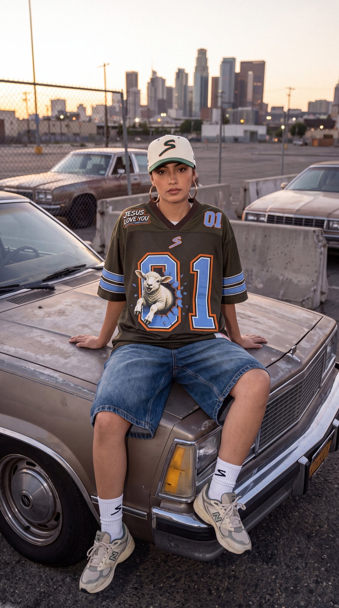 Modelo con The Lost Sheep Jersey 01 de SENT y gorra SENT sobre un carro clásico al atardecer