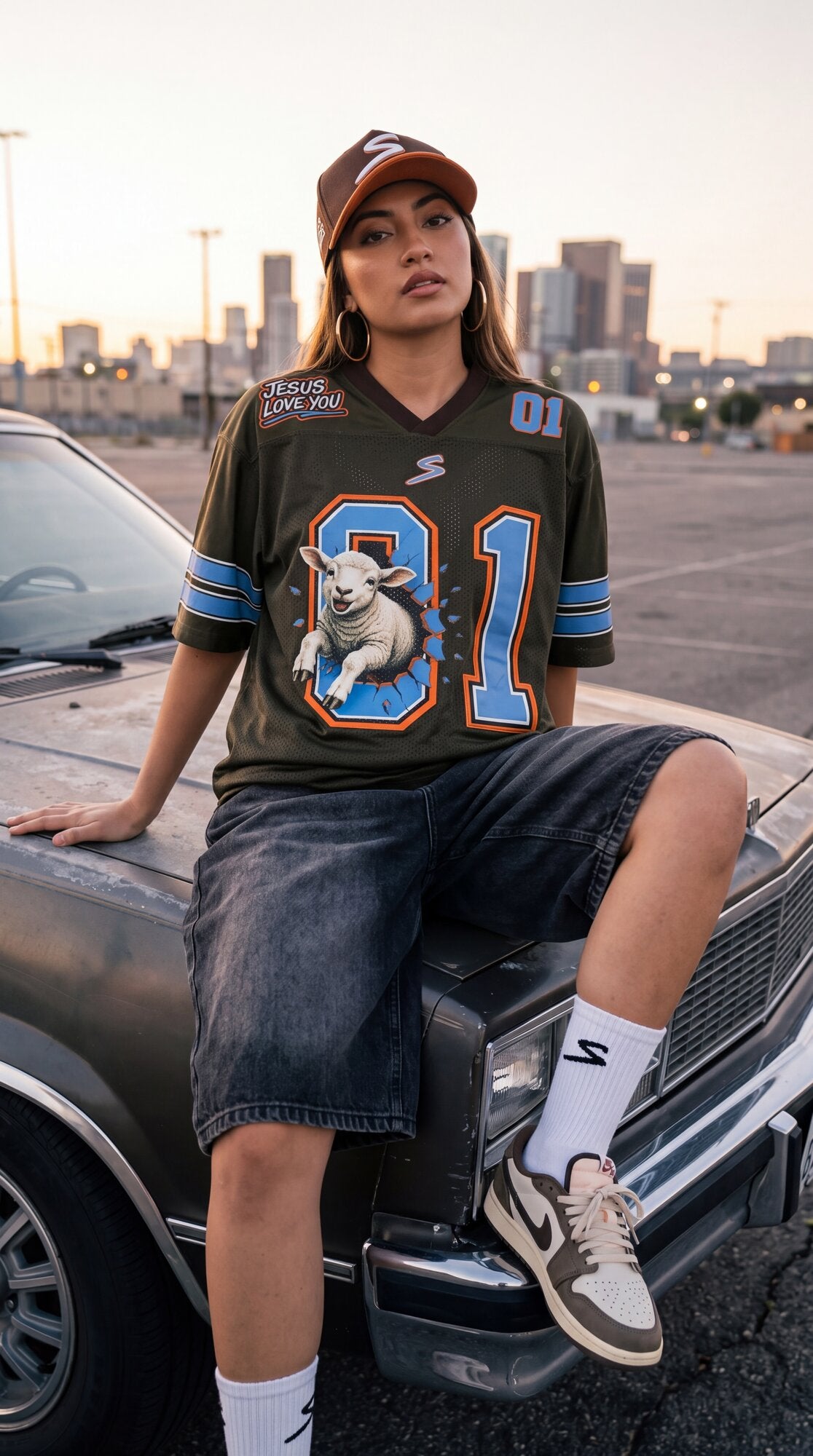 Modelo con The Lost Sheep Jersey 01 de SENT sentada sobre un carro clásico con el skyline de fondo