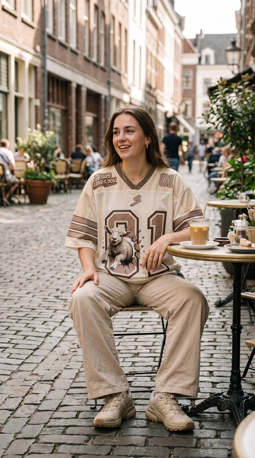 Jersey crema en un café